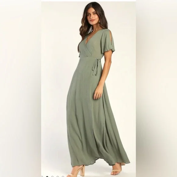 Lulus Wrap Much Obliged Maxi Dress Olive Green Size Small - Picture 2 of 6